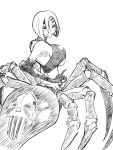  1girl arachne breasts carapace claws extra_eyes from_behind fudan_no_ha hair_over_one_eye highres insect_girl large_breasts looking_back monochrome monster_girl monster_musume_no_iru_nichijou multiple_legs rachnera_arachnera short_hair sketch smile solo spider_girl 