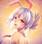  1girl animal_ears battle_bunny_riven chan_qi_(fireworkhouse) fake_animal_ears folded_ponytail league_of_legends looking_at_viewer looking_back pink_lips portrait rabbit_ears red_eyes riven_(league_of_legends) short_hair smile solo white_hair 