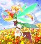  1girl 2mota blonde_hair boots bouquet brown_boots flower green_eyes hair_ribbon highres holding knee_boots leafa long_hair looking_at_viewer one_eye_closed open_mouth outdoors pointy_ears ponytail ribbon see-through shorts solo sword_art_online thigh-highs white_legwear white_ribbon white_shorts wings 