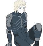  1boy abs androgynous blonde_hair blue_eyes bodysuit elbow_pads flat_color jitome knee_up male_focus metal_gear_(series) metal_gear_solid_2 moroto muscle raiden simple_background sitting solo thighs turtleneck white_background 