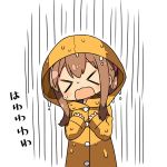  &gt;_&lt; 1girl closed_eyes inazuma_(kantai_collection) kanikama kantai_collection lowres rain raincoat solo wet white_background 