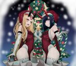  2girls b.d bangs bare_shoulders blonde_hair bob_cut breasts christmas_tree eyeliner facial_mark fate/grand_order fate_(series) forehead forehead_mark hair_pulled_back hat highres horns ibaraki_douji_(fate) long_hair looking_at_viewer makeup merry_christmas multiple_girls oni oni_horns open_mouth purple_hair sack santa_costume santa_hat short_hair shuten_douji_(fate) skin-covered_horns small_breasts smile tattoo violet_eyes yellow_eyes 