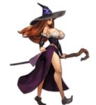  1girl animated animated_gif bare_legs bare_shoulders bounce bouncing_breasts breasts brown_hair cane curvy detached_sleeves dragon&#039;s_crown dress female full_body hat hips holding huge_breasts lace legs long_hair long_skirt lowres shoes side_slit simple_background skirt solo sorceress sorceress_(dragon&#039;s_crown) thighs transparent_background vanillaware walking wide_hips witch_hat 
