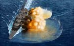  absurdres battleship explosion fire flag military military_vehicle no_humans ocean outdoors realistic yamato 
