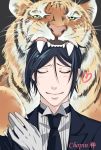  1boy artist_request black_hair black_necktie closed_eyes gloves heart kuroshitsuji male_focus necktie smile tiger white_gloves 