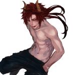  1boy abs collarbone hands_in_pockets horns licking_lips lips long_hair male_focus navel original pants red_eyes redhead renos sharp_teeth shirtless simple_background solo spiky_hair teeth tongue white_background 