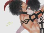  2boys black_hair blue_eyes choker dark_skin eyelashes from_side glowing_eyes horns lips looking_at_viewer male_focus mask multiple_boys original pale_skin red_eyes renos shirtless simple_background smile teeth toned tribal upper_body 