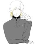  1boy alternate_costume androgynous arm_rest blonde_hair blue_eyes collared_shirt colored_eyelashes eyelashes lips male_focus metal_gear_(series) moroto partially_colored raiden sharp_nails simple_background solo tsurime turtleneck upper_body white_background 