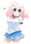  1girl arms_behind_back blue_eyes blush breasts contrapposto heart highres large_breasts looking_at_viewer miniskirt moegi_nenene original pink_hair simple_background skirt smile solo white_background 