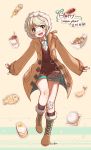  1boy 2016 bandage boba boots closers coat fingerless_gloves food gloves green_eyes grey_hair happy_new_year hood male_focus mistilteinn_(closers) new_year open_mouth short_hair shorts smile solo 