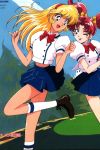 2girls 90s :d :p aki_natsuko aki_natsuko_(cutie_honey_flash) blonde_hair cutie_honey cutie_honey_flash earrings female friends hairband jewelry kisaragi_honey kisaragi_honey_(cutie_honey_flash) long_hair multiple_girls official_art open_mouth red_eyes redhead school_uniform smile tied_hair tongue tongue_out twintails 