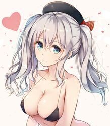  1girl bad_id bare_shoulders beret bikini bikini_top black_bikini_top blue_eyes breasts cleavage collarbone hat heart kantai_collection kashima_(kantai_collection) large_breasts looking_at_viewer rurikoma shiny shiny_skin sidelocks silver_hair smile solo swimsuit tsurime twintails upper_body wavy_hair 