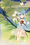  1girl absurdres barefoot blue_dress blue_eyes blue_hair blurry butterfly choker cirno dress fairy_wings flower full_body gradient gradient_background hair_ribbon highres kimey leaf looking_at_viewer open_mouth ribbon short_hair short_sleeves sitting solo touhou wings 