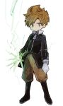  1boy blue_eyes boots bukiko claus electricity expressionless full_body gloves jacket lightning looking_at_viewer magic male_focus mother_(game) mother_3 orange_hair pants simple_background solo spoilers white_background 
