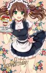  1boy :d apron brown_hair crossdressinging egu_(encore2) floral_background food fruit green_eyes happy_birthday idolmaster idolmaster_side-m long_hair looking_at_viewer maid_headdress male_focus mizushima_saki open_mouth parfait skirt skirt_hold smile solo strawberry trap tray twintails waist_apron waitress 