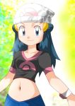  1girl blue_eyes blue_hair blush female hainchu hat hikari_(pokemon) looking_at_viewer nintendo pokemon smile solo 