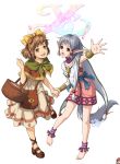  1boy 2girls :d adol_christin anklet bag barefoot basket blue_bow bow brown_eyes brown_hair brown_shoes cape copyright_name dress grey_hair hair_bow hand_holding handbag isha_(ys) jewelry looking_at_viewer maya_(ys) multiple_girls necklace open_mouth pink_skirt pointy_ears red_eyes redhead rioreo shawl shoes short_hair signature skirt smile tail v white_background yellow_bow ys ys_seven ys_vi ys_vi_ark_of_napishtim 