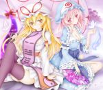  2girls blonde_hair blush breasts butterfly cherry_blossoms cleavage dress eyes fan floral_print gap hat hat_ribbon highres legs_crossed long_hair long_sleeves looking_at_viewer mob_cap multiple_girls obi orange_eyes parasol petals pink_eyes pink_hair puffy_sleeves purple_legwear ribbon saigyouji_yuyuko sash sitting smile sturm_(arowana_kingyo) tabard thigh-highs touhou triangular_headpiece umbrella veil wide_sleeves yakumo_yukari 