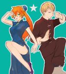  1boy 1girl blonde_hair boku_no_hero_academia breasts china_dress chinese_clothes dress fighting_stance green_eyes kendou_itsuka ojiro_mashirao orange_hair side_ponytail solid_circle_eyes star tangzhuang yoshiko_(445em) 