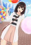  1girl :d bag balloon black_hair blue_sky clouds cloudy_sky cotton_candy handbag holding looking_at_viewer nonaka_chikin open_mouth original pleated_skirt pov short_hair skirt sky smile solo strap_cleavage 