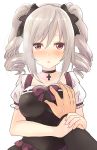  1girl blush breast_grab breasts choker cross drill_hair grabbing guided_breast_grab hair_ribbon hand_on_another&#039;s_chest idolmaster idolmaster_cinderella_girls kanzaki_ranko large_breasts owafu pov_hands ribbon silver_hair small_mouth solo_focus sweatdrop twin_drills violet_eyes 