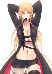  1girl arms_up bangs belt black_coat black_legwear black_shorts blonde_hair breasts cleavage coat cowboy_shot earrings eyebrows eyebrows_visible_through_hair eyelashes genderswap genderswap_(mtf) groin izumi_kouhei jewelry large_breasts long_hair long_sleeves mouth_hold navel no_bra open_clothes open_coat pepper_fever shiny shiny_skin shorts simple_background solo stomach stud_earrings thigh-highs thigh_gap unbuckled_belt very_long_hair white_background world_trigger yellow_eyes 