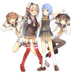  4girls absurdres amatsukaze_(kantai_collection) anchor black_hair black_legwear blouse blue_eyes blue_hair blush brown_dress brown_eyes brown_hair brown_shoes buttons chains choker double_v dress garter_straps gloves gradient_hair hair_tubes hairband hand_on_hip hat hatsukaze_(kantai_collection) headgear high_heels highres kantai_collection kneehighs lifebuoy loafers long_hair long_sleeves looking_at_viewer multicolored_hair multiple_girls neckerchief open_mouth outstretched_arm pantyhose pose red_legwear red_shoes ribbon rudder_shoes sailor_collar sailor_dress school_uniform serafuku shoes short_dress short_hair short_hair_with_long_locks short_sleeves silver_hair single_glove skirt smile striped striped_legwear teeth thigh-highs thighband_pantyhose tokitsukaze_(kantai_collection) two_side_up v vest white_blouse white_gloves white_legwear windsock yukikaze_(kantai_collection) zuho_(vega) 
