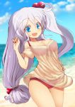  1girl alternate_costume bangs beach bikini blue_eyes blue_sky breasts cleavage clouds cowboy_shot day hair_bobbles hair_ornament hand_on_hip hand_up horizon kuresento long_hair looking_at_viewer ocean open_mouth red_bikini see-through shinki shirt_grab side_ponytail silver_hair sky smile solo swimsuit thighs touhou touhou_(pc-98) very_long_hair 