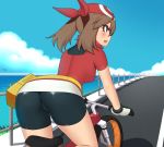  00s 1girl ass bandanna bicycle bike_shorts blue_sky brown_hair from_behind haruka_(pokemon) kuroonehalf nintendo ocean pokemon pokemon_(game) pokemon_rse riding road shorts solo 