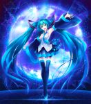  1girl ajigo armpits black_legwear black_skirt blue_eyes blue_hair blue_necktie detached_sleeves hair_ornament hatsune_miku highres long_hair necktie open_mouth pleated_skirt shirt skirt solo thigh-highs twintails vocaloid white_shirt 