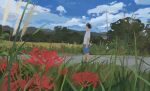  1boy black_hair blue_sky closed_eyes feet_out_of_frame field flower from_side haragayowainja highres male_focus original outdoors profile short_hair sky solo 