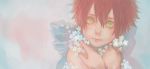  1boy blush child close-up daisy eyelashes fairy fairy_wings flower green_eyes lips looking_away male_focus original redhead renos scratch shirtless simple_background solo spiky_hair upper_body wings younger 