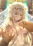  1girl alternate_costume backlighting bangs bare_shoulders blonde_hair blush breasts bridal_veil bride church church_interior circlet closed_mouth dress embarrassed eyebrows eyebrows_visible_through_hair fate/grand_order fate_(series) flower formal frills glint gloves hair_between_eyes hair_flower hair_ornament halterneck highres holding jeanne_alter jewelry lace large_breasts lens_flare light_particles lily_(flower) long_hair looking_at_viewer mia_(gute-nacht-07) out_of_frame outstretched_arm pout pov pov_hands ring ruler_(fate/apocrypha) ruler_(fate/grand_order) see-through sideboob solo_focus stained_glass upper_body veil wedding wedding_band wedding_dress white_dress white_flower yellow_eyes 