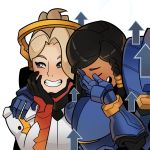  2girls blush closed_eyes covering_face derivative_work directional_arrow grin hand_on_another&#039;s_shoulder laughing looking_to_the_side mechanical_halo meme mercy_(overwatch) multiple_girls open_mouth overwatch parody pharah_(overwatch) simple_background smile splashbrush transparent_background upper_body young_women_laughing_in_photo_booth 