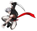 1boy absurdres arm_blade chipp_zanuff early_type full_body grin guilty_gear guilty_gear_xrd highres male_focus muscle ninja red_eyes smile solo weapon white_background white_hair 