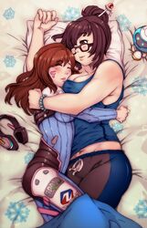  2girls age_difference bare_shoulders bead_bracelet beads bed_sheet black-framed_eyewear black-framed_glasses blush bodysuit bracelet breasts brown_hair closed_eyes collarbone cuddling d.va_(overwatch) drone eyebrows eyebrows_visible_through_hair facepaint facial_mark glasses groin hair_bun hair_ornament hair_stick hairpin headphones headphones_removed hug jewelry large_breasts lips long_hair lying mei_(overwatch) multiple_girls navel niandni on_bed on_side overwatch pillow pilot_suit robot short_hair skin_tight sleeping snowball_(overwatch) snowflakes tank_top whisker_markings yuri 