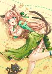  1girl ahoge animal_ears bell black_cat bow breasts brown_hair cat cat_ears cat_tail cleavage dress dress_lift fang green_dress green_eyes hair_bow jindei jingle_bell leaning_forward long_hair multiple_tails original shadow standing standing_on_one_leg star tail tan_legwear thigh-highs two_tails 