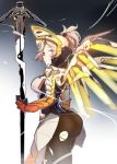  1girl ass blonde_hair blue_eyes bodysuit breasts high_ponytail long_hair looking_at_viewer mechanical_halo mechanical_wings medium_breasts mercy_(overwatch) overwatch pantyhose rmm solo staff torn_clothes torn_pantyhose wings 