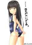  1girl ass black_hair brown_eyes from_behind hatsuyuki_(kantai_collection) hirokyon0606 kantai_collection long_hair looking_back school_swimsuit swimsuit translation_request 