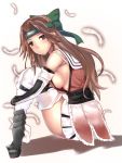  1girl blush bow breasts brown_eyes brown_hair feathers forehead_protector hair_bow hair_intakes headband highres jintsuu_(kantai_collection) kantai_collection large_breasts long_hair looking_at_viewer looking_to_the_side remodel_(kantai_collection) sideboob sitting smile solo thigh-highs untsue white_legwear 