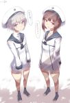  2girls arms_at_sides arms_behind_back blue_eyes brown_eyes brown_hair clothes_writing dress full_body hat kantai_collection looking_at_viewer military military_uniform multiple_girls open_mouth perspective sailor_collar sailor_dress sailor_hat see-through short_dress short_hair silver_bell_(artist) silver_hair translation_request uniform white_clothes z1_leberecht_maass_(kantai_collection) z3_max_schultz_(kantai_collection) 
