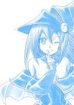  1girl bare_shoulders breasts dark_magician_girl duel_monster female hat large_breasts long_hair looking_at_viewer monochrome smile solo white_background wink witch_hat yu-gi-oh! yuu-gi-ou_duel_monsters 