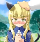  1girl animal_ears blonde_hair blush cat_ears cat_tail glasses hand_on_another&#039;s_head long_hair military military_uniform out_of_frame perrine_h_clostermann petting sayu_(mio-mosa) solo_focus strike_witches tail uniform wavy_mouth yellow_eyes 