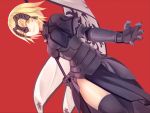  1girl blonde_hair breasts bugbook dutch_angle fate/grand_order fate_(series) headpiece jeanne_alter large_breasts looking_at_viewer red_background ruler_(fate/apocrypha) ruler_(fate/grand_order) short_hair side_slit smile solo standard_bearer thigh-highs thigh_slit thighs yellow_eyes 