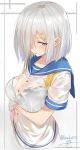  1girl arm_at_side artist_name black_bra blue_eyes blush bra breast_hold breasts buttons cleavage gloves hair_over_one_eye half-closed_eyes hamakaze_(kantai_collection) isshiki_(ffmania7) kantai_collection large_breasts see-through shirt short_hair short_sleeves silver_hair sketch sleeve_cuffs solo underwear wet wet_clothes wet_shirt white_gloves white_shirt 