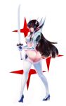  1girl ass black_hair blue_eyes boots breasts eyebrows from_behind frown full_body high_heel_boots high_heels highres jcm2 junketsu katana kill_la_kill kiryuuin_satsuki long_hair looking_back revealing_clothes serious solo sword thick_eyebrows thigh-highs thigh_boots weapon 