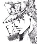  1boy araki_hirohiko_(style) chains crosshatching earrings face gakuran graphite_(medium) hat jewelry jojo_no_kimyou_na_bouken kuujou_joutarou male_focus monochrome neck school_uniform serious shisuishisu solo stud_earrings traditional_media 