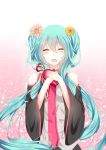  1girl absurdres blue_hair closed_eyes detached_sleeves flower grey_shirt hair_flower hair_ornament hands_together hatsune_miku heart highres long_hair necktie open_mouth pink_necktie re:rin shirt solo twintails vocaloid 
