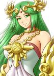  1girl bare_shoulders breasts green_eyes green_hair highres jewelry kid_icarus kid_icarus_uprising large_breasts long_hair mazume necklace palutena smile solo tiara very_long_hair 