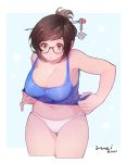  1girl :o bangs bare_shoulders beads black-framed_eyewear black-framed_glasses breasts brown_eyes brown_hair character_name cleavage cowboy_shot cropped_legs glasses hair_bun hair_ornament hair_stick hairpin large_breasts mei_(overwatch) midriff navel open_mouth overwatch panties plump short_hair sidelocks snowflake_hair_ornament solo swept_bangs tank_top thigh_gap twitter_username underwear white_panties 